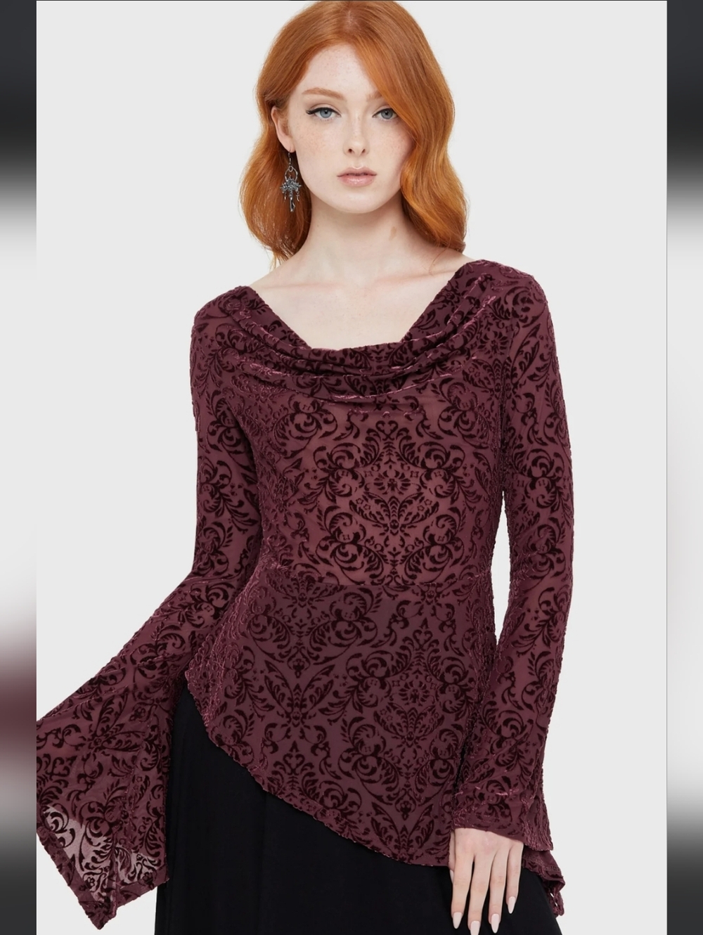 Killstar Burgundy Velvet Burnout Long-Sleeve Asymmetrical Top Dress - Picture 2 of 8